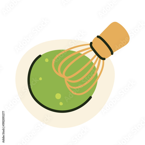 Top view of traditional matcha bowl being whisked with bamboo chasen. Authentic Japanese tea ceremony preparation. Hand drawn green tea foam illustration for zen branding.