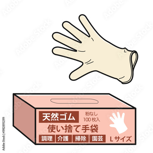 使い捨て手袋とそのパッケージ（天然ゴム・Lサイズ）