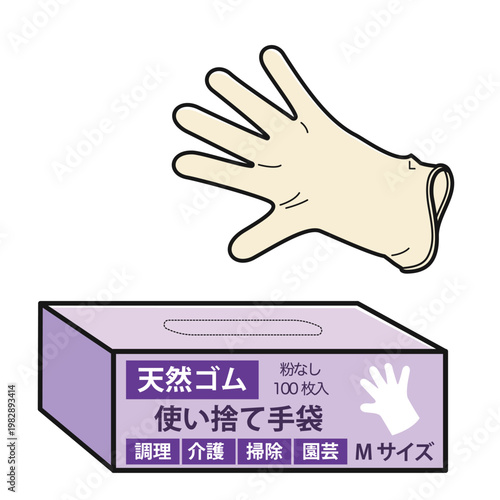使い捨て手袋とそのパッケージ（天然ゴム・Mサイズ）