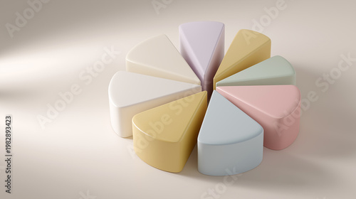 A 3D rendered colorful pie chart with eight distinct segments in various pastel shades, floating against a soft gradient background.