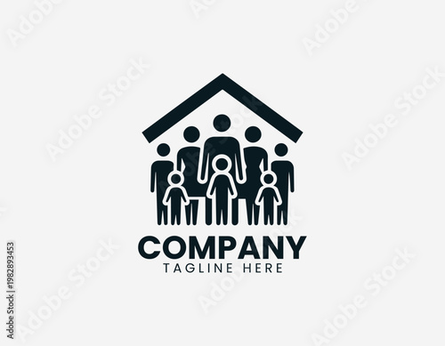 A diverse group of family members is protected inside a simple house symbol in a clean minimalist black vector style.