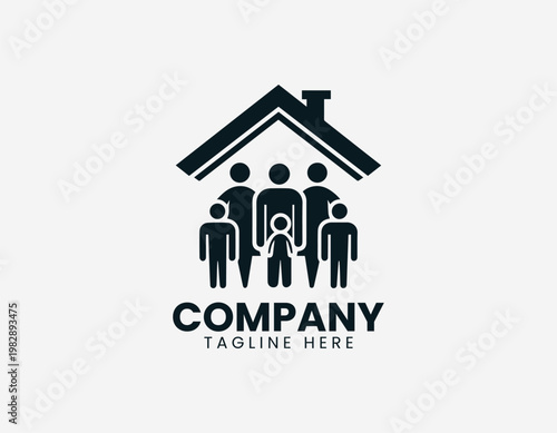 A diverse group of family members is protected inside a simple house symbol in a clean minimalist black vector style.