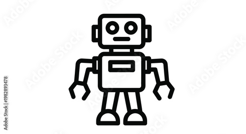 Simple black and white illustration of a classic boxy robot design