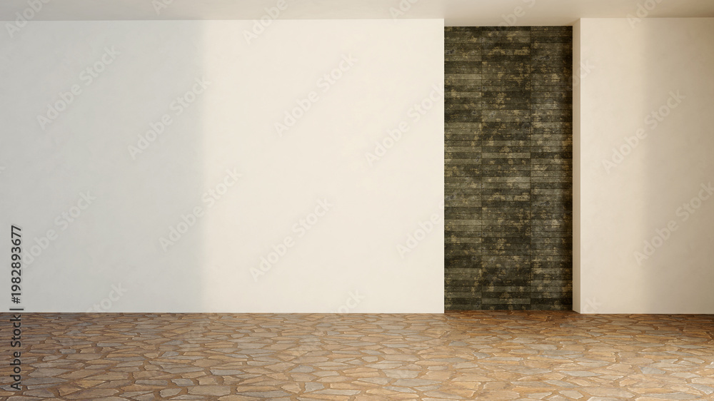 Naklejka premium 3D render, illustration Luxury modern living room interior, realistic lighting, wide angle, contemporary furniture, clean lines, minimalist decor, elegant home design, large window