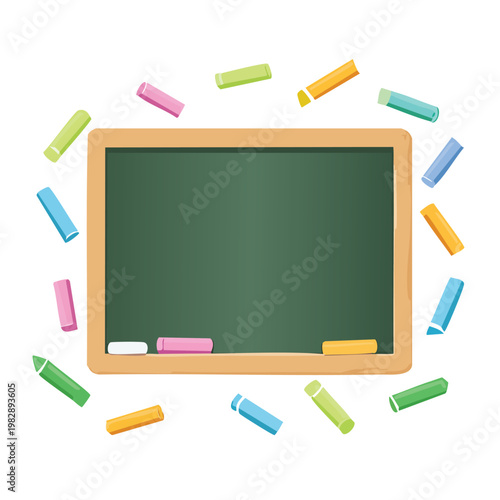Green chalkboard with colorful chalks for education and communication