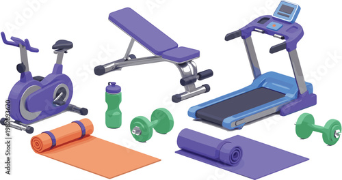 Gym Equipment and Fitness Accessories Vector Set with Treadmill, Exercise Bike, Dumbbells, Yoga Mats, Bench, and Water Bottle Illustrations for Workout and Health Projects