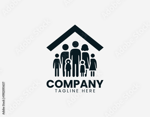 A diverse group of family members is protected inside a simple house symbol in a clean minimalist black vector style.
