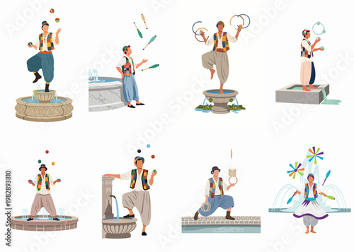 Set of male jugglers in colorful traditional clothing performing with balls, clubs, and rings around stone fountains in a flat vector illustration style.