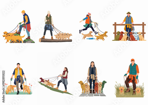 Flat Illustration Collection of Professional Dog Walkers and Pet Owners Outdoors with Multiple Golden Retrievers and Labradors