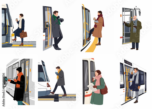 Collection of flat vector illustrations of diverse people commuting by bus and train during winter, holding takeaway coffee cups.