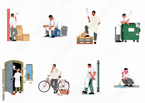 Illustrations of chefs in uniforms taking cigarette breaks in various urban settings, capturing moments of rest and stress in the restaurant industry.
