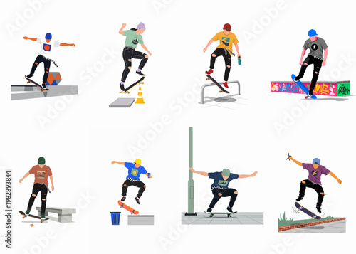 Collection of flat vector illustrations featuring diverse skateboarders performing various street tricks on rails, ledges, and urban obstacles.