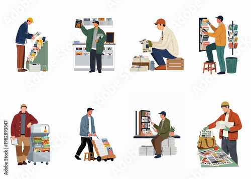 Set of diverse men selling, delivering, and reading newspapers and magazines at traditional newsstands and kiosks in a flat illustration style.