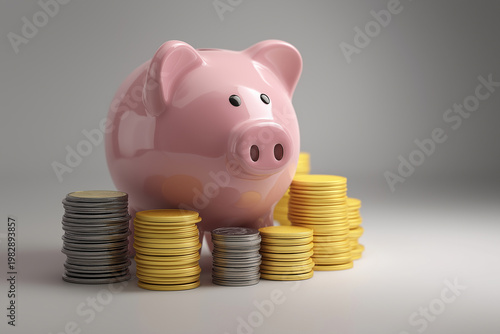 A 3D rendered pink piggy bank surrounded by stacks of coins in various denominations, including gold, silver, and bronze coins.