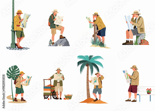 Set of Flat Illustrations Featuring a Lost Male Tourist Reading a Map in Various Locations