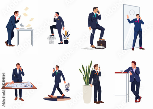 Collection of illustrations depicting a stressed businessman in various office scenarios using a smartphone and managing work pressure.