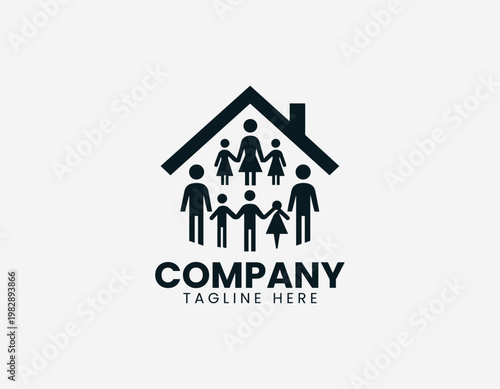 A diverse group of family members is protected inside a simple house symbol in a clean minimalist black vector style.