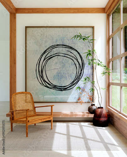 3D render, illustration Luxury modern living room interior,  realistic lighting, wide angle, contemporary furniture, clean lines, minimalist decor, elegant home design, large window