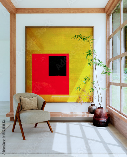 3D render, illustration Luxury modern living room interior,  realistic lighting, wide angle, contemporary furniture, clean lines, minimalist decor, elegant home design, large window