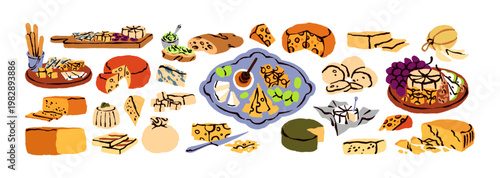 Cheese set. Different types of dairy products- parmesan, gouda, brie, mozzarella. Plates of milk snacks, gourmet food- ricotta, camembert, cheddar. Flat isolated vector illustrations on white