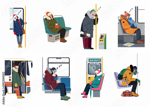 Collection of tired commuters sleeping or napping on public transportation while wearing warm winter clothes, including bus and subway scenes.