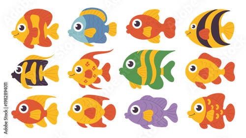 Cute Aquarium Fish Vector Set Colorful Cartoon Fish Collection for Kids