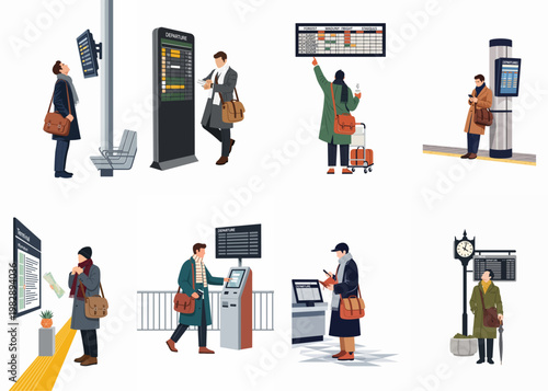 Set of male travelers in winter clothes checking flight schedules and departure boards at airport or train station terminal flat vector illustrations.