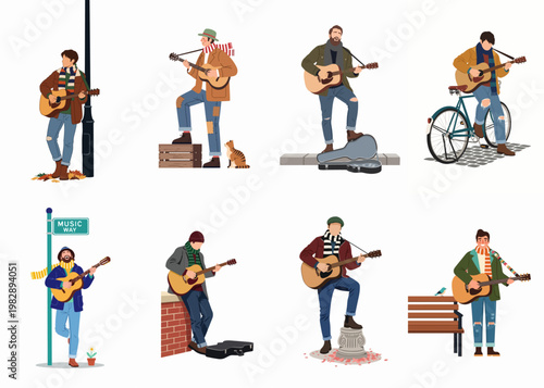 Collection of male street musicians or buskers playing acoustic guitars in various urban settings, dressed in casual autumn and winter clothing.