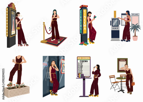 Flat Vector Illustration Set of a Fashionable Woman in a Maroon Jumpsuit at the Cinema in Various Poses and Movie-Themed Settings