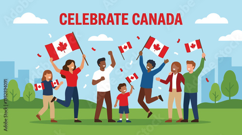 Diverse Group Celebrating Canada Day.