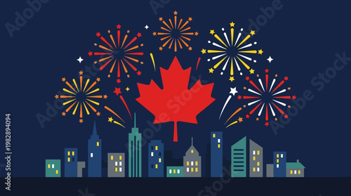 Fireworks explode over the city skyline during Canada Day celebrations.