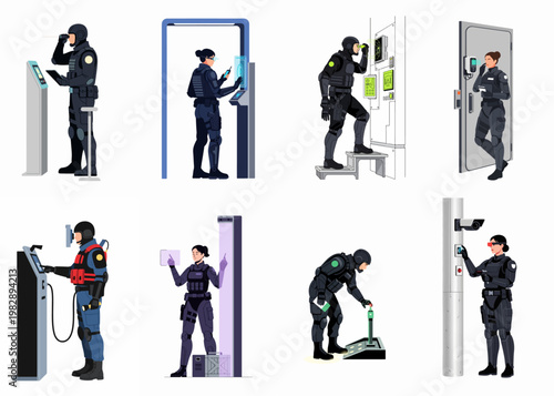 Set of flat illustrations showing high-tech security personnel using advanced surveillance systems, biometric scanners, and futuristic control panels for monitoring.