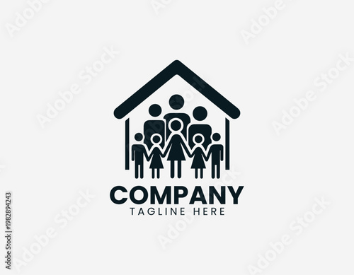 A diverse group of family members is protected inside a simple house symbol in a clean minimalist black vector style.
