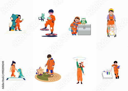 Set of Eight Playful Illustrations Featuring Children in Orange Jumpsuits Interacting with Futuristic Gadgets, Whimsical Toys, and Imaginary Animal Friends.