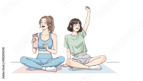 Two young women sitting in yoga poses with one raising her arm on colorful mats