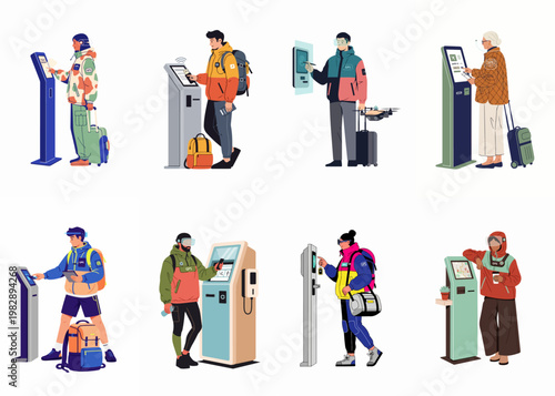 Diverse travelers interacting with futuristic self-service kiosks and digital technology for hotel check-in, airport boarding, and smart city navigation.
