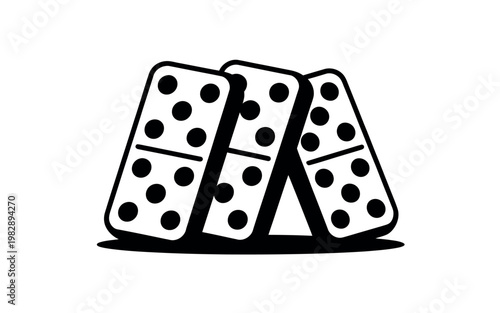 A simple black and white illustration of three dominoes standing upright together