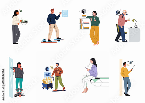 Illustrations of people using futuristic technology and digital gadgets in daily life, showing human interaction with advanced devices and smart home concepts.