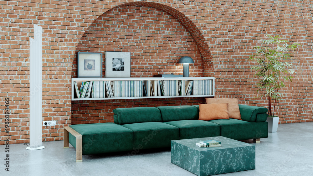 Obraz premium 3D render, illustration Luxury modern living room interior, realistic lighting, wide angle, contemporary furniture, clean lines, minimalist decor, elegant home design, large window