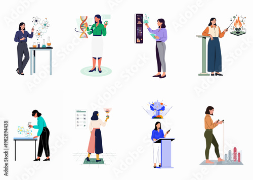Set of eight illustrations depicting female scientists and researchers performing chemistry experiments, using high-tech equipment, and analyzing scientific data in a modern lab.