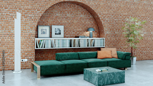 3D render, illustration Luxury modern living room interior,  realistic lighting, wide angle, contemporary furniture, clean lines, minimalist decor, elegant home design, large window