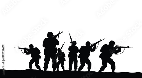 Silhouette of armed soldiers advancing forward against a bright white background