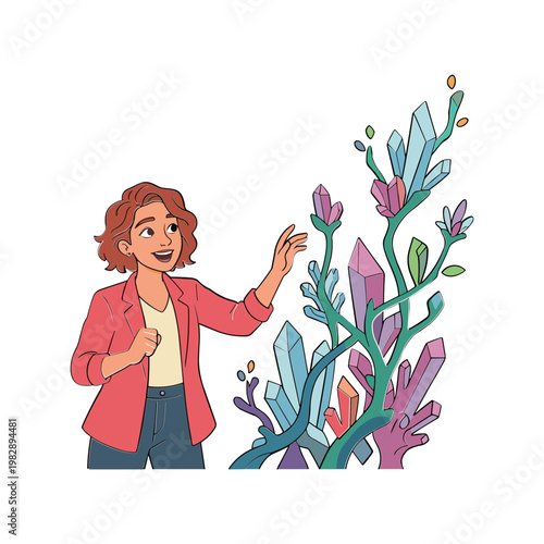 Woman examines colorful crystal plant in her hand with surprise