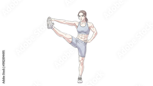 A woman in fitness attire performs a leg stretch exercise on a transparent background PNG.