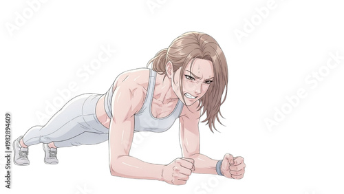 Woman in light gray sportswear doing a plank exercise with a determined facial expression on a transparent background PNG