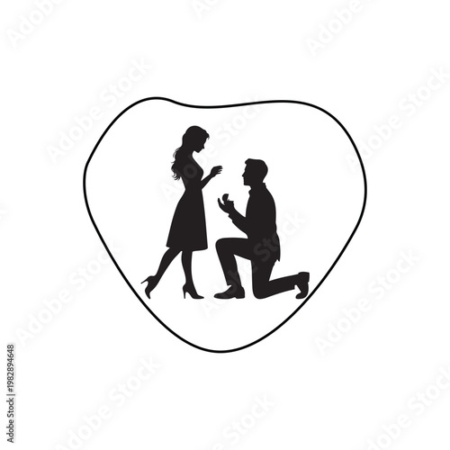 Silhouette of a man proposing to a woman with a ring inside a heart shape on a white background