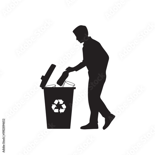 Silhouette of a man in casual clothing placing a plastic bottle into a recycling bin with a recycling symbol on a