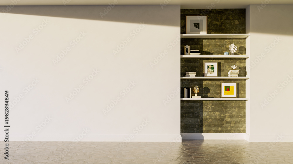 Obraz premium 3D render, illustration Luxury modern living room interior, realistic lighting, wide angle, contemporary furniture, clean lines, minimalist decor, elegant home design, large window