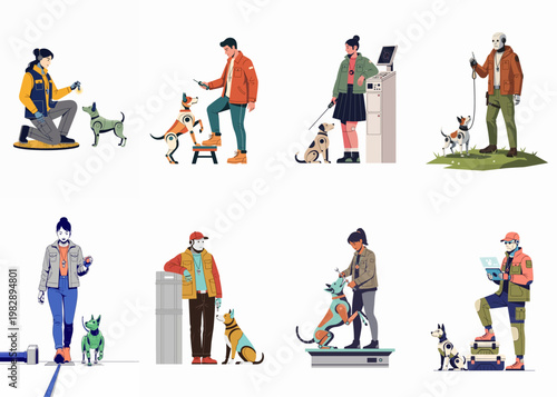 A collection of flat vector illustrations depicting humans and androids training, walking, and maintaining robotic dogs in various futuristic scenarios.