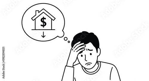 Financial worry man contemplates the cost of home ownership and economic strain